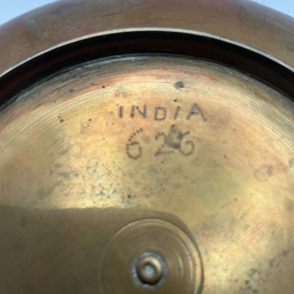 Vintage Brass Bowl w/Wire Grid Cover & Wood Spheres,‎ India, Etched Leaves